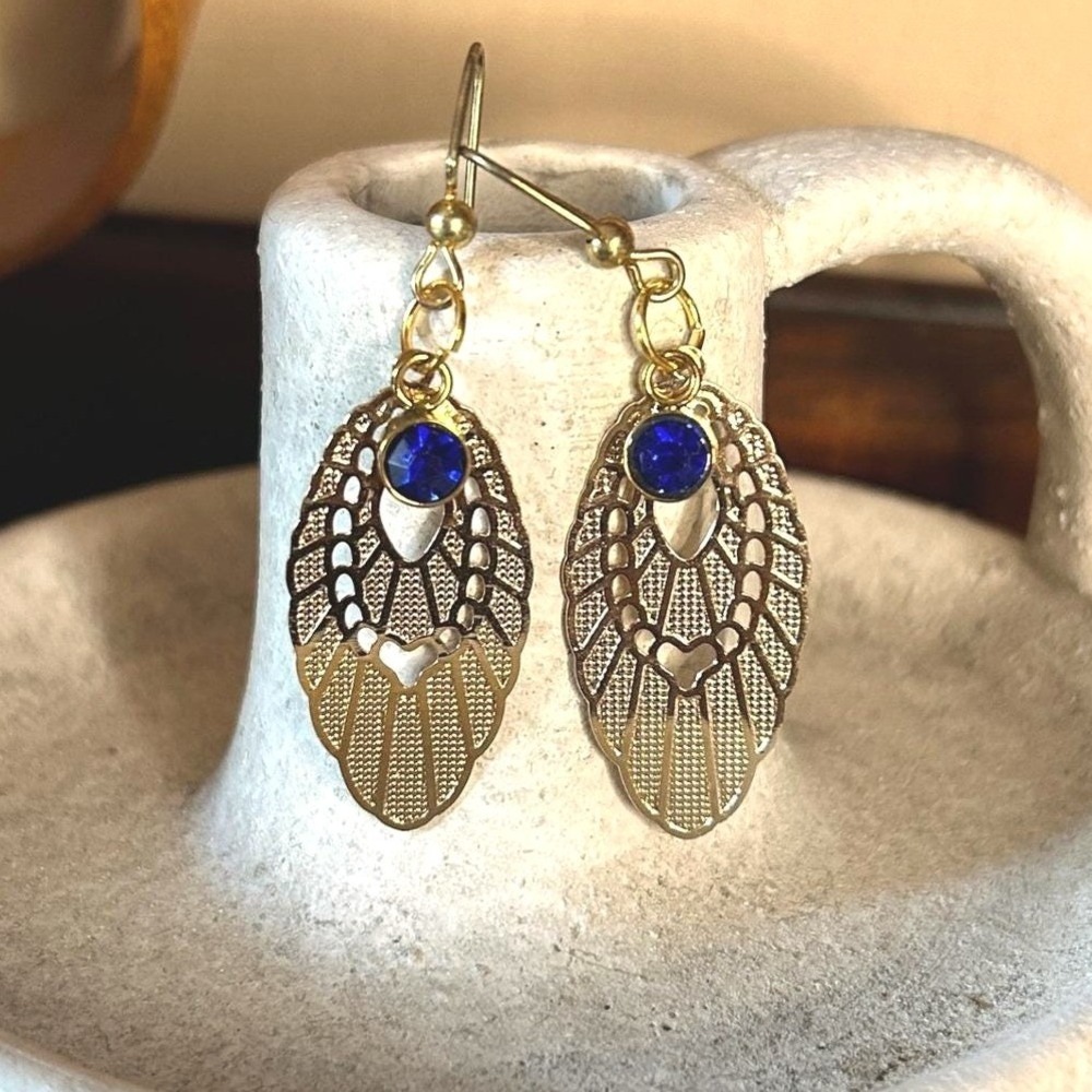 Upcycled Gold Tone Leaf Earrings with Blue Gemstone Bohemian Boho Handcrafted‎